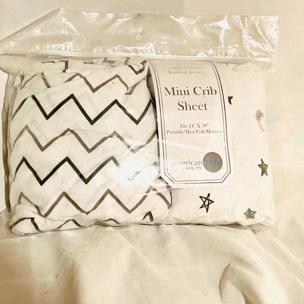 New! Dbl Set of "American Baby" Grey/White Crib sheets (24x38") Star/Moon/Stripe